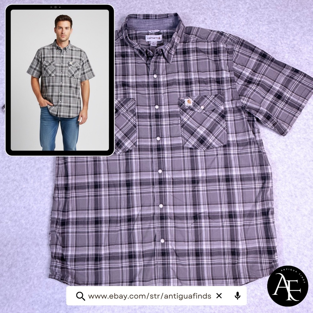 Carhartt Men XL Relaxed Fit Plaid Short Sleeve Pearl Snaps Work Shirt 104171 BLK